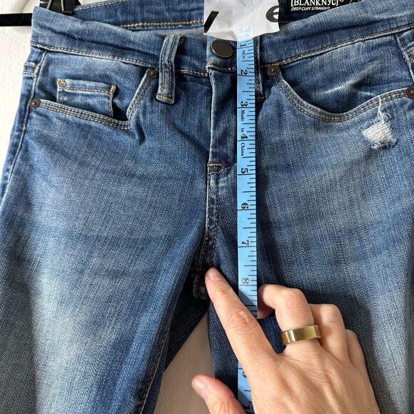 Blank NYC High Cuff Straight Medium Wash Distressed Jeans Low Rise Stretch 24 - Picture 12 of 15